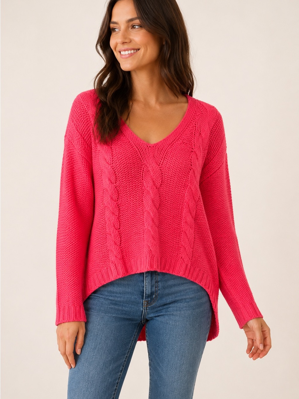H&M Hot Pink Cable Knit V-Neck High-Low Sweater Size Small
